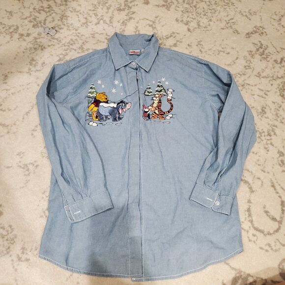 Disney Winnie The Pooh Embroidered Denim Button Down - Picture 1 of 8